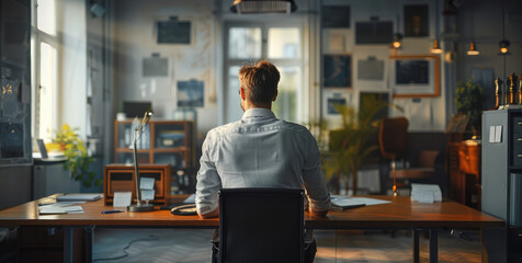 Aufkleber - Rear view, A man thinking in an office. Generative AI.