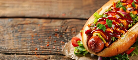 Wall Mural - Close up image of a delicious hot dog on a wooden table with copy space image available