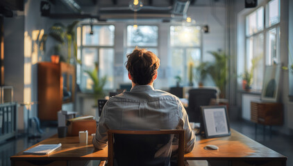 Aufkleber - Rear view, A man thinking in an office. Generative AI.