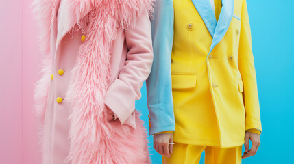 Two models in contrasting colorful outfits