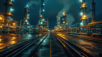 Leinwandbilder - Refinery at night, Chemical Factory. Generative AI.