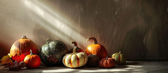 Poster - A fall themed poster featuring various squashes highlighting the contrast of sunlight and shadows embodies the harvest season for Halloween and Thanksgiving with warm colors and copy space image