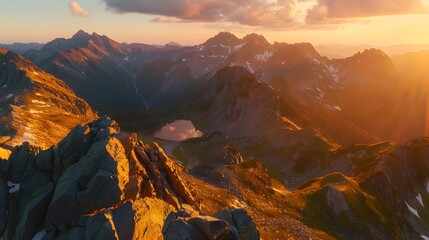 Sticker - Panoramic view of the mountains at sunrise, in summer.