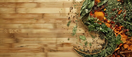 Aufkleber - Wooden surface displaying a Yin Yang formation of spices and herbs ideal for cooking with ample copy space in the image