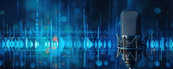 Wall Mural - A microphone is placed on a blue background with a lot of sound waves. Free copy space for banner.