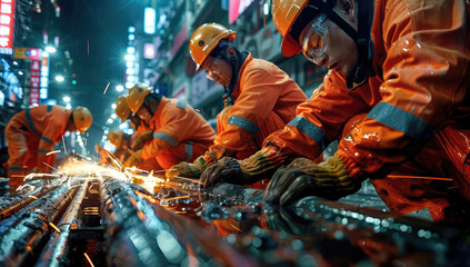 Poster - A group of Chinese workers in orange work and helmets, working on an iron pipe with electric benders at night in the city street. Generative AI.