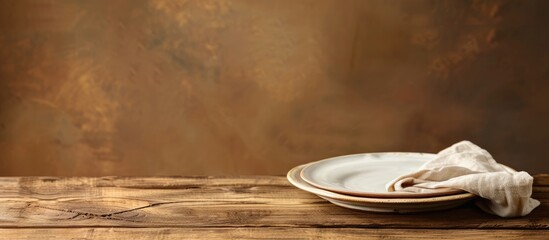 Leinwandbilder - Wooden table with a ceramic plate and napkin against a brown background providing ample copy space for text