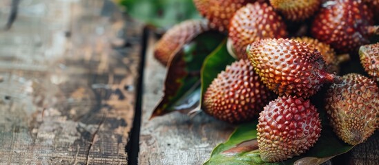 Poster - Close up of fresh ripe salak fruits on a wooden table with copy space image available