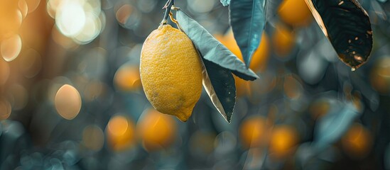 Leinwandbilder - A small lemon hangs from a tree with a blurry background leaving room for a copy space image