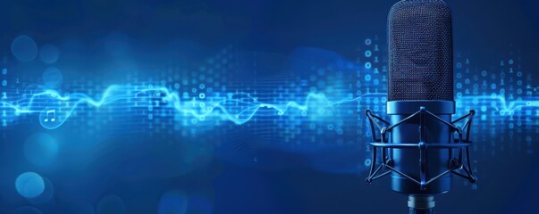 Wall Mural - A microphone is placed on a blue background with a lot of sound waves. Free copy space for banner.