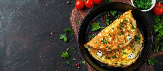 Aufkleber - Top down shot of a breakfast dish comprising salmon omelet in cast iron with sour cream sauce complemented by herbs and tomatoes on a wooden board against a dark table backdrop ideal for copy space i