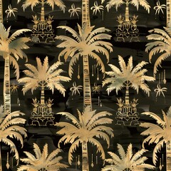 Canvas Print - Tropical Palm Trees and Ferns Pattern on Black Background