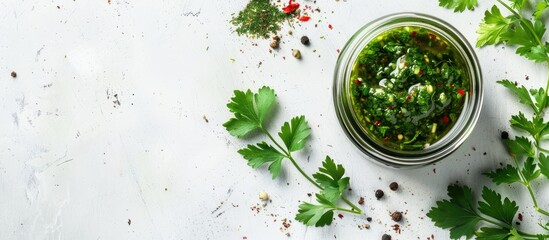 Poster - Chimichurri green sauce with herbs and spices in a jar on a white background with space for text. with copy space image. Place for adding text or design