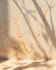 Sticker - beige marble and orange veins. Abstract background with sunlight shadow for product presentation