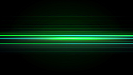 Wall Mural - Green glowing lines on a black background.. An abstract horizontal green light effect with long lines.