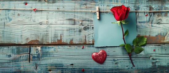 Wall Mural - Valentine s Day card mockup with a rose and a heart attached by a clothespin on a rustic wooden background displaying a happy lovers day message including copy space for added elements in a horizonta