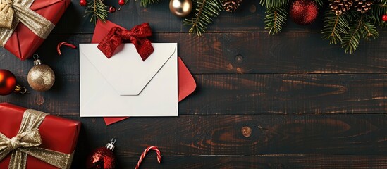 Aufkleber - Dark wooden background showcasing an envelope with a blank letter to Santa surrounded by Christmas decorations and gifts offering copy space image