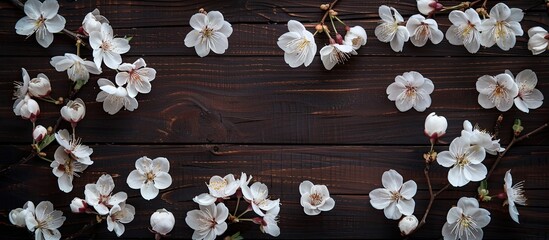 Aufkleber - Top view of white cherry blossoms set against a dark wooden backdrop with copy space image