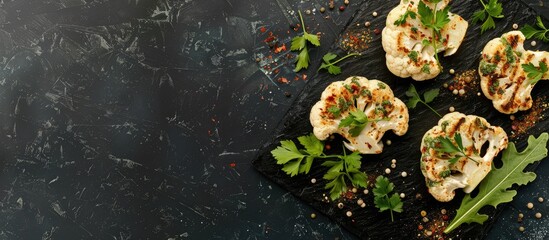 Aufkleber - Cauliflower steak seasoned with herbs and spices displayed on a dark stone surface with copy space for text or design captured from a top down angle