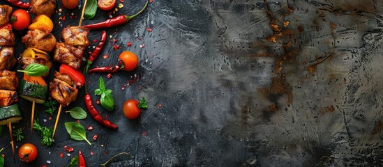 Aufkleber - Top view of a delicious chicken shish kebab with vegetables and grilled meat skewers on a barbecue food setting with a copy space image
