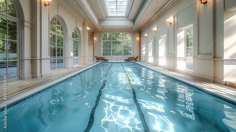 Elegant indoor swimming pool with clean, contemporary lines and ample ...