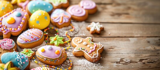 Aufkleber - Colorful gingerbread cookies on an Easter greeting card displayed on a wooden table featuring a copy space image for your personal message