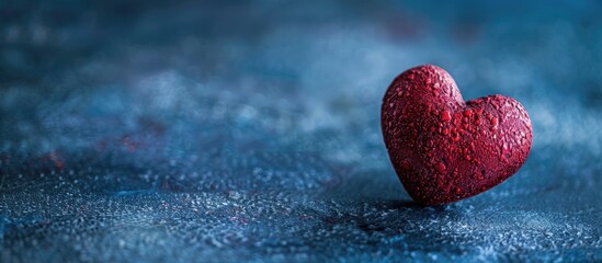 Poster - Close up of a red heart on a dark blue backdrop perfect for a Valentine s Day card with ample copy space image