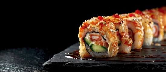 Fototapete - A delicious sushi roll featuring warm breaded salmon eel rice cucumber cream cheese and pepper elegantly displayed on a black stone with copy space image