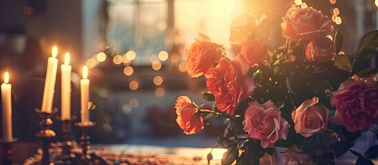 Leinwandbilder - Vintage style decoration in evening light featuring flowers in conflict with the illumination creates a charming atmosphere in the copy space image