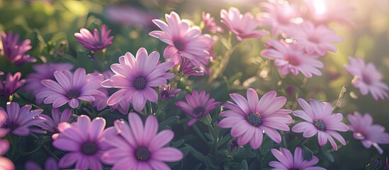 Leinwandbilder - A blooming bush of Purple Osteospermum flowers a type of African Daisy from the Asteraceae family with ample copy space image