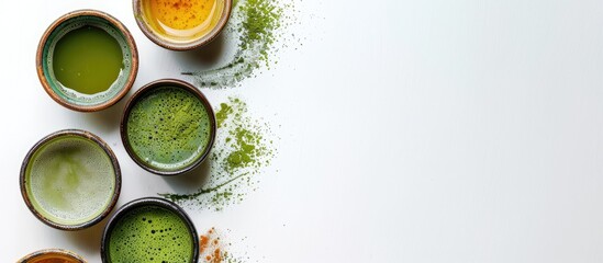 Poster - Top view of small cups of matcha tea ready to drink on a white background with copy space image