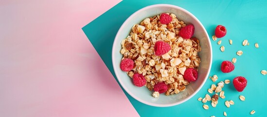 Poster - Flat lay showcasing a delicious granola with raspberries on a colorful pink and turquoise backdrop emphasizing a healthy breakfast idea with copy space image