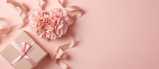 Poster - Carnation with heart shape vintage ribbon gift box and greeting card on pink background for Mother s Day weddings Valentine s Day with copy space image for mock up