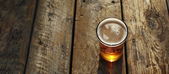 Aufkleber - A clear beer glass on a wooden surface with space for text and a copy space image