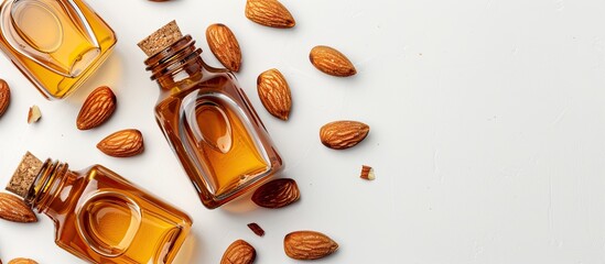 Poster - Almond oil bottles and almonds on a white backdrop with copy space image available
