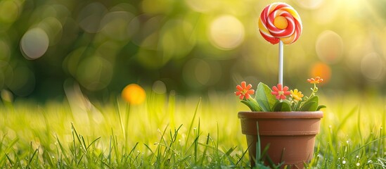 Aufkleber - Spring concept depicted with a candy lollipop flower placed in a flowerpot surrounded by grass creating a cheerful scene with copy space image