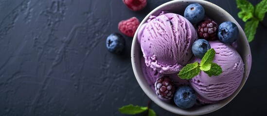 Poster - Delicious dairy free blueberry ice cream dessert topped with fresh organic blueberries and mint ideal for a healthy vegetarian or vegan diet with copy space image