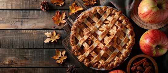 Poster - An image showing a classic autumn dessert of organic apple pie on a rustic wooden surface with space for text ideal for Thanksgiving. with copy space image. Place for adding text or design