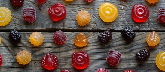 Aufkleber - An appetizing assortment of hard candies displayed on a wooden surface in a flat lay composition with room for text in the image. with copy space image. Place for adding text or design