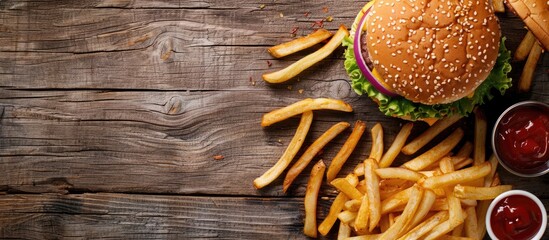 Aufkleber - Overhead shot of a hamburger and fries with space for text in the image. with copy space image. Place for adding text or design