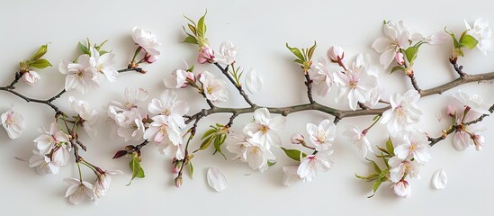 Aufkleber - A floral arrangement with spring cherry blossoms set against a white backdrop creates a lovely copy space image