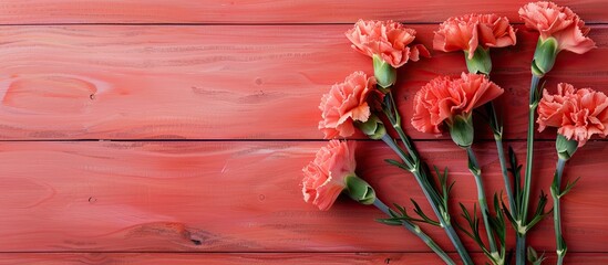 Wall Mural - Mother s Day photography concept featuring lovely carnations on a template card set against a vibrant wooden backdrop with empty space for text shot from above in a flat lay style