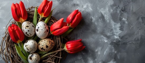 Poster - Spring and Easter themed composition featuring lovely red tulips vibrant quail eggs in a nest on a soft gray background ideal for a copy space image