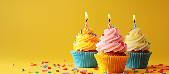 Poster - Vibrant birthday cupcakes with lit candles on a yellow backdrop Copy space image included