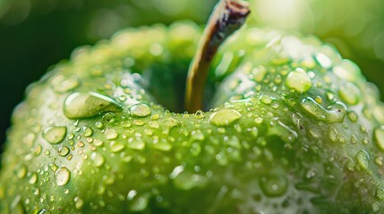 Close-up of a green apple with glistening water droplets, capturing the freshness and texture.