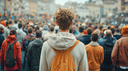 Wall Mural - Rear view, one person standing standing in middle among a crowd of people. Generative AI.