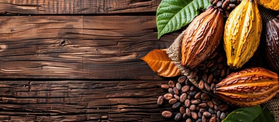 Wall Mural - Wooden table displaying cocoa pods and beans with available copy space for text