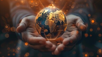 Leinwandbilder - Hands holding a glowing globe with economic indicators and growth trends, symbolizing global economic growth. Generative AI.