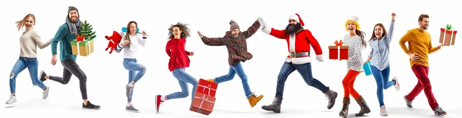 Wall Mural - A joyful group of friends celebrating Christmas with gifts, laughter, and festive cheer, creating a warm and lively atmosphere of togetherness and happiness, embodying the spirit of festive season