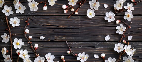 Aufkleber - Top view of white cherry blossoms set against a dark wooden backdrop with copy space image